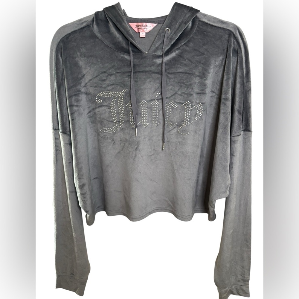 Juicy Couture XL Y2K Velour Cropped Hoodie Gray Rhinestone Logo Lounge